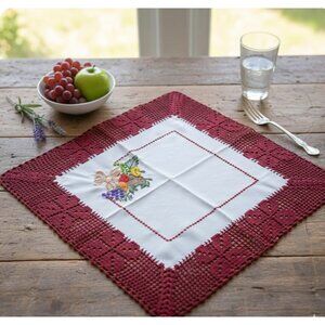 Handmade Mexican tortillas napkins With Embroidered Fruit Motif & Red Lattice Bo